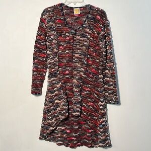 HAND JIVE Artsy Lagenlook 1 Button Multi Yarn Chunky 2 Pocket Hi-Lo Cardigan XS